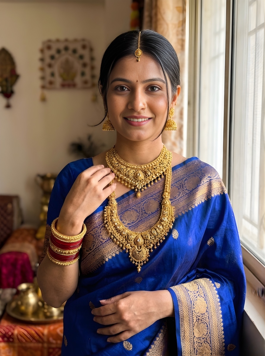 model wearing designer gold set
